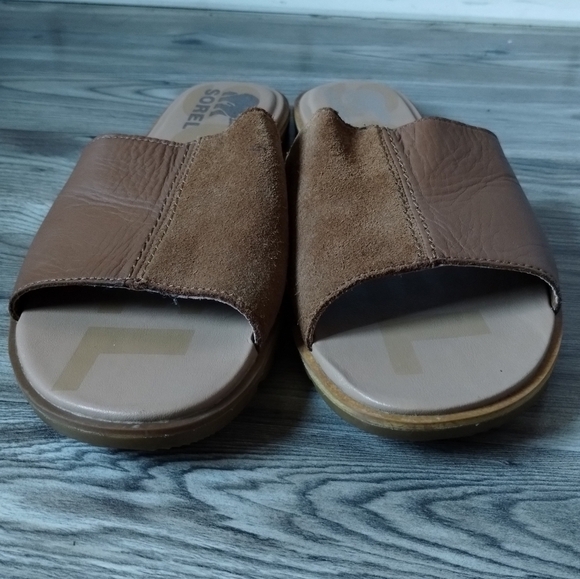 Sorel Ella II Block Slide Tan Suede and Leather Sandals Size 8.5 - Picture 2 of 6